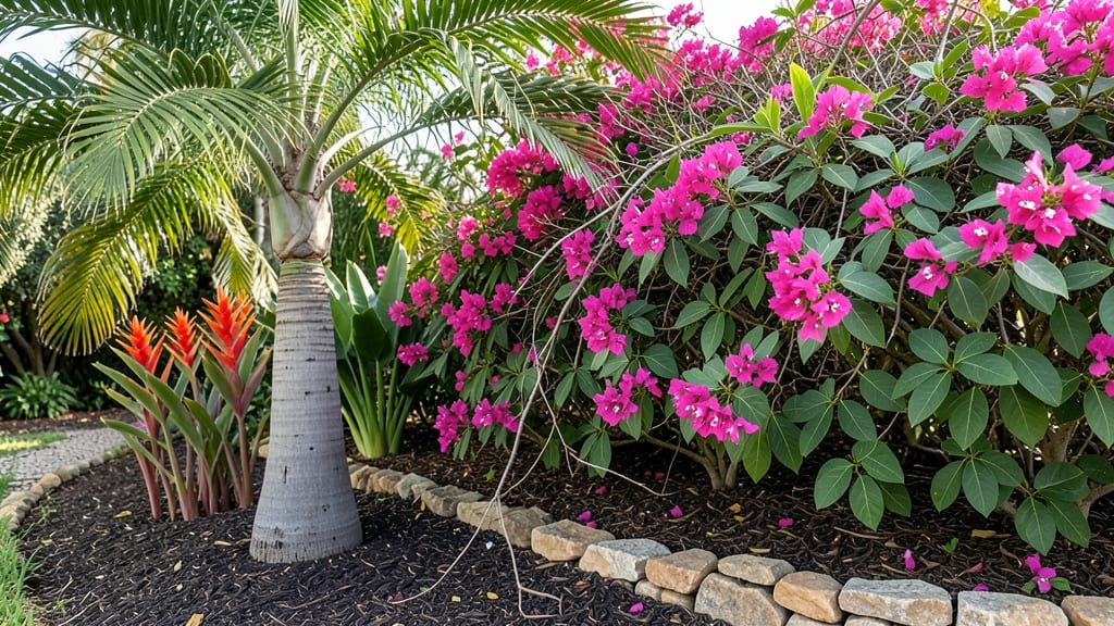 Flowers Around Palm Tree: Tropical Paradise Layering for Year-Round Beauty